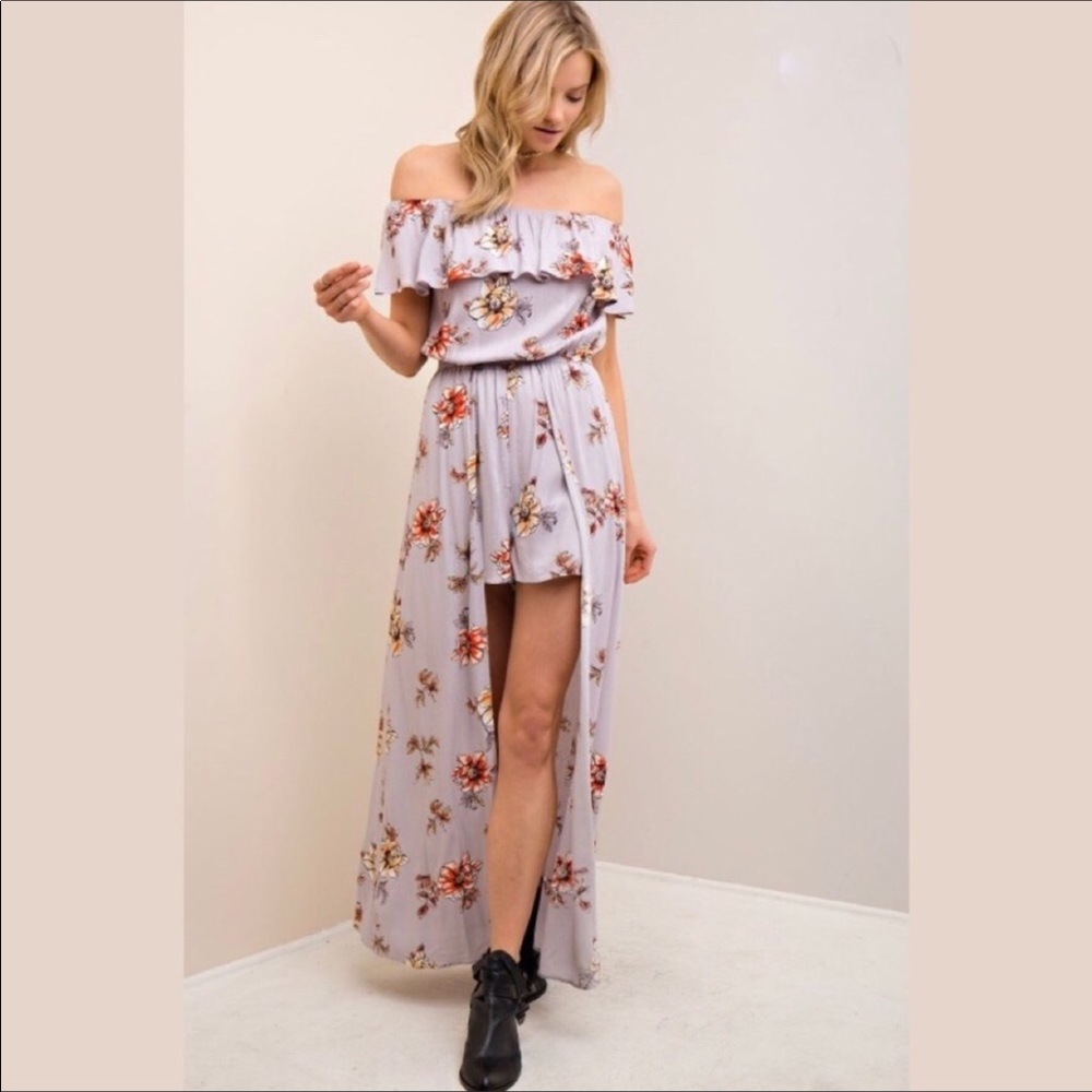 💟Off Shoulder Lilac Romper with Maxi Skirt.
